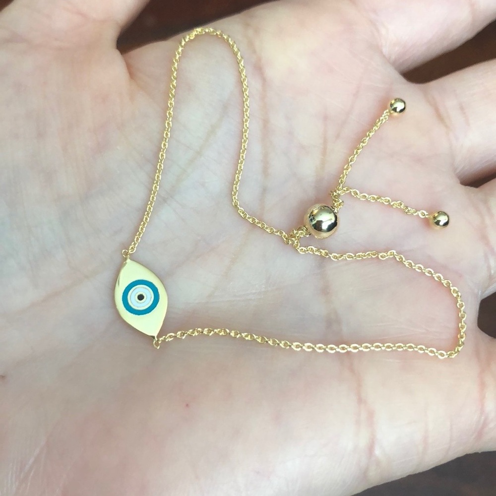 14K Solid Gold Turquoise Enamel Evil Eye Bracelet